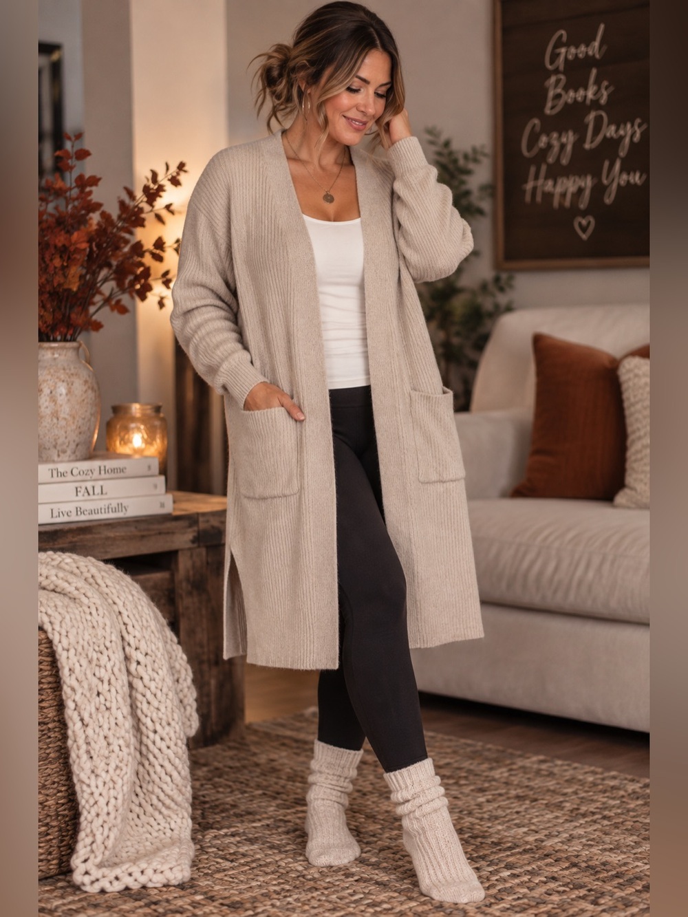 Stylus Beige Ribbed Longline Open Front Cardigan Duster Size L NWT